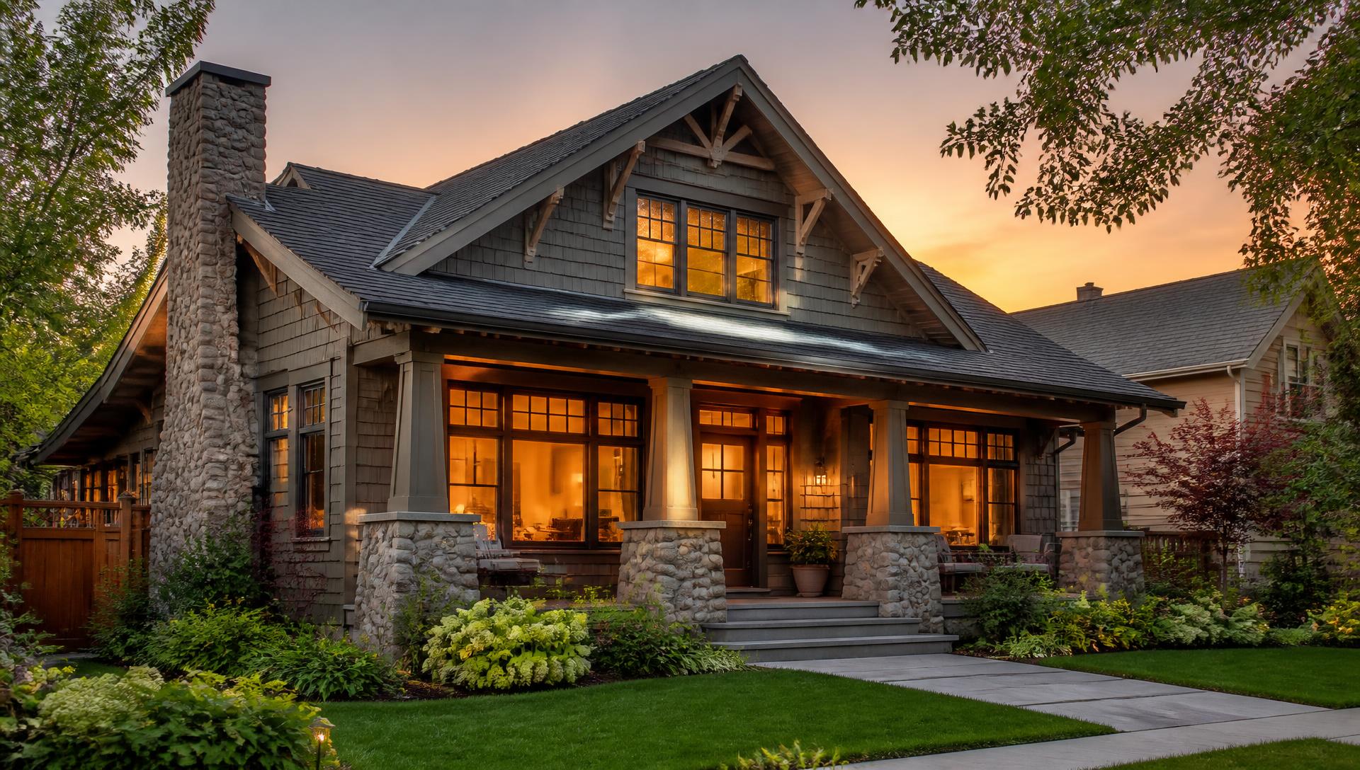 A warm, secure craftsman home at golden hour with welcoming interior lights